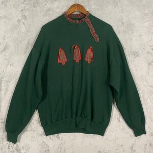 Jerzees Sweatshirt Sz XL Green Christmas Tree Plaid Ruffle Neck VTG Grandmacore